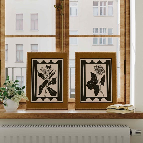 FRAMED Vintage Botanical Print Set: Earth Tone Floral Wall Art, Cottagecore Home Decor