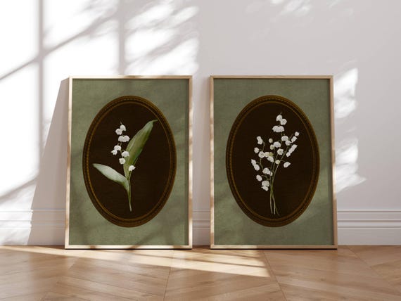 Lily of the Valley Print Set, Vintage Birth Flower Wall Art – Earthy Botanical Prints for Cottagecore, Farmhouse & Cozy Home Decor