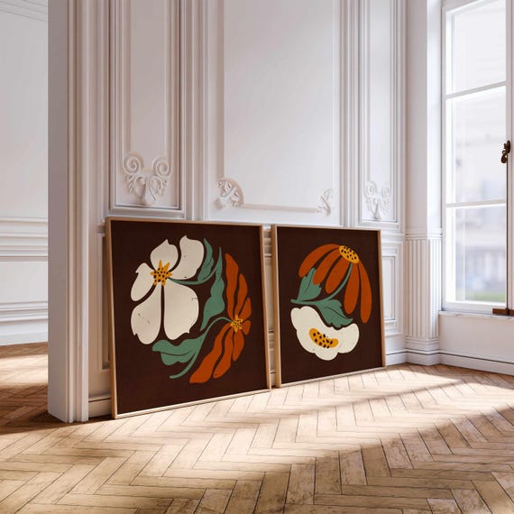 Groovy Flower Print Set: 70s Retro Botanical Art, Mid Century Modern Boho Decor