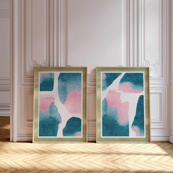Abstract Wall Art Set of 2, Teal Blue & Blush Pink Watercolor Prints – Soft Minimalist Decor for Boho, Coastal or Modern Interiors