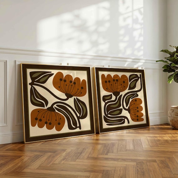 Framed Retro Floral Print Set: Terracotta & Olive Botanical Wall Art, Mid-Century Modern Decor