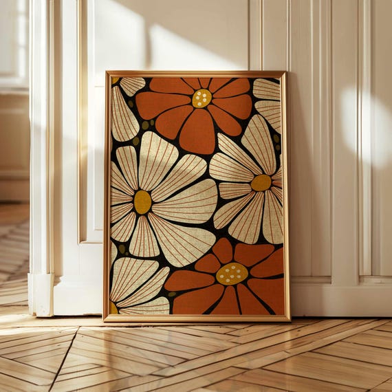 Retro Floral Wall Art – Bold 70s Flower Print in Burnt Orange and Mustard, Matisse Style Botanical Poster, Mid Century Vintage Decor