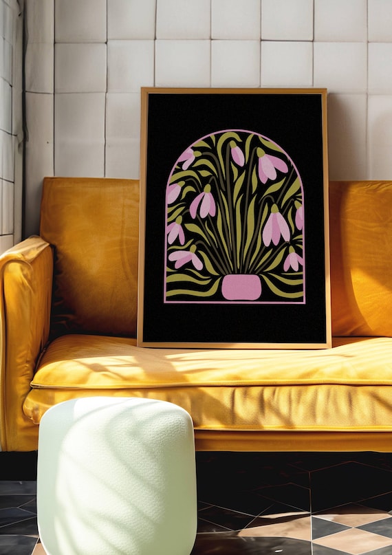 Floral print of abstract Snowdrops in 70s retro mid-century modern style—groovy vintage-inspired wall decor with bold tones and moody charm.