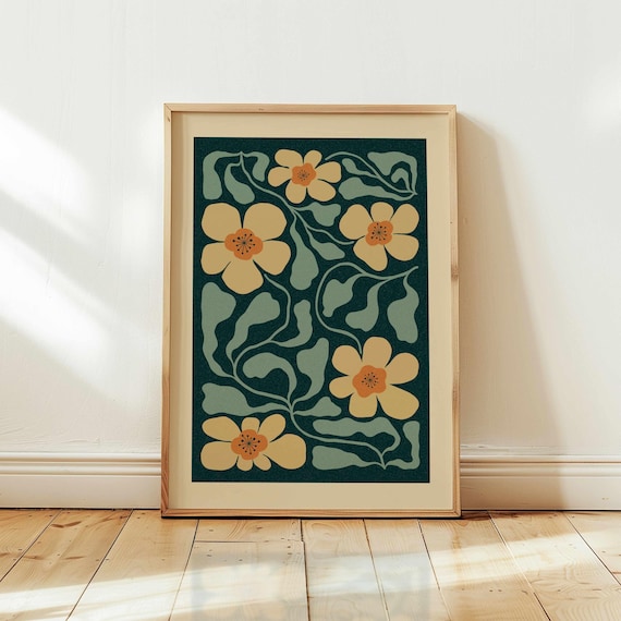 70s Retro Floral Print: Matisse Style Botanical Wall Art, Mid Century Modern Boho Decor