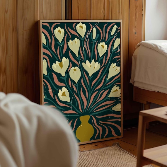 Mid Century Modern Floral Print – Abstract Botanical Wall Art, Retro 70s Decor