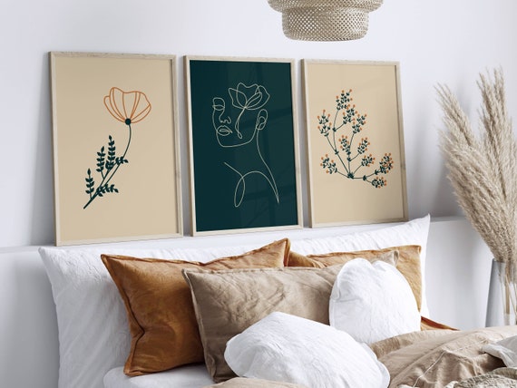 Minimalist Wall Art Set Of 3, Navy Blue Wall Art, Woman Line Art Print Set, Blue Floral Wall Art, Neutral Wall Art, Digital Download
