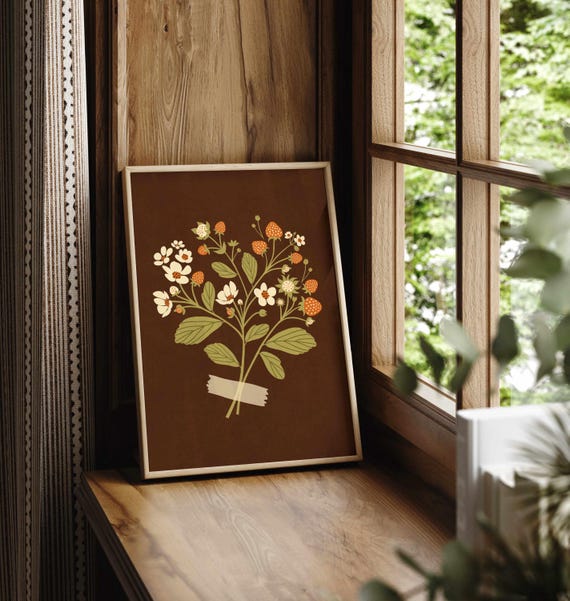 Moody Botanical Wall Art – Vintage Strawberry Print in Olive and Rust Tones, Rustic Fruit Poster for Retro Kitchen or Cottagecore Decor