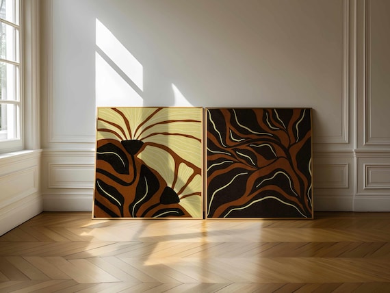 Mid Century Modern Floral Print Set: Abstract Botanical Wall Art, Earthy Retro Home Decor