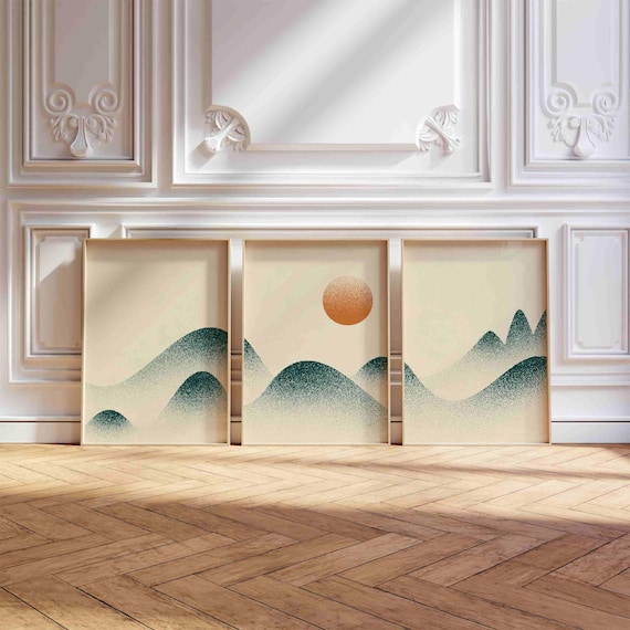 Minimalist Mountain Triptych: Japandi Landscape Print Set, Calm Nature Wall Decor
