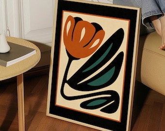 Framed Mid Century Floral Print — Retro Botanical Wall Art, Vintage Decor