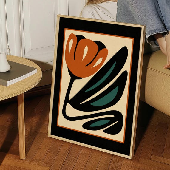 Framed Mid Century Floral Print — Retro Botanical Wall Art, Vintage Inspired Decor
