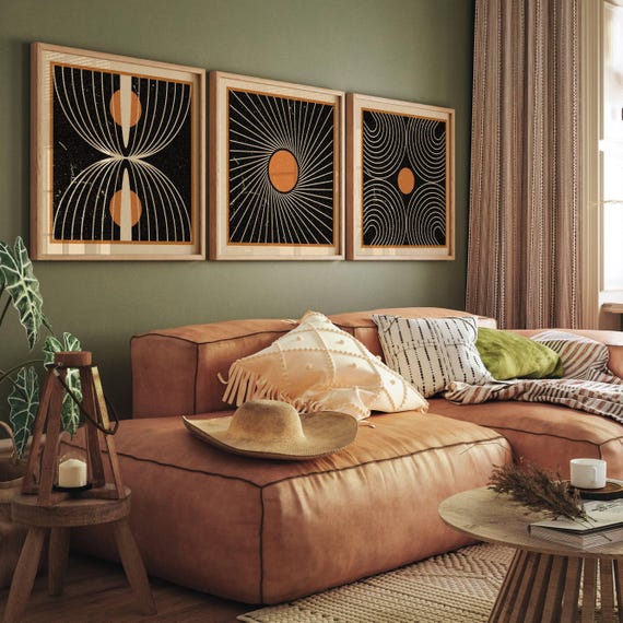 Abstract Mid Century Wall Art Set Of 3, Minimalist Japandi Gallery Wall Set, Mcm Decor, Modern Geometric Wall Art, Abstract Black Artwork