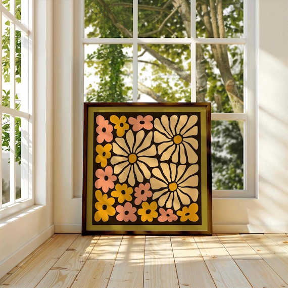 Groovy 70s Floral Print: Retro Botanical Wall Art, Mid Century Modern Boho Decor