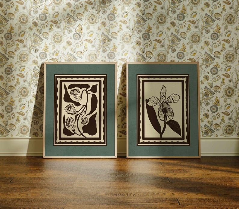 Framed Vintage Floral Print Set of 2 — Mid Century Modern Botanical Art, Scandinavian Decor 2-Print Set (Both)