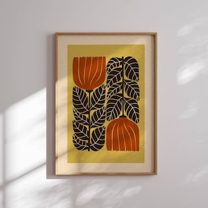 Estampado floral de flores abstractas en estilo retro moderno de mediados de siglo de los años 70: arte mural botánico vintage funky con tonos cálidos y vibraciones maravillosas.