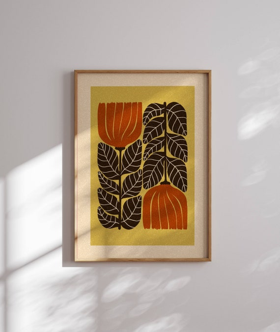 Funky wall art for your retro soul—this bold floral print channels mid-century style and 70s aesthetic with warm tones and groovy vibes.