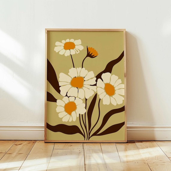 Retro Daisy Print: Mid Century Modern Floral Wall Art, Vintage Boho Home Decor