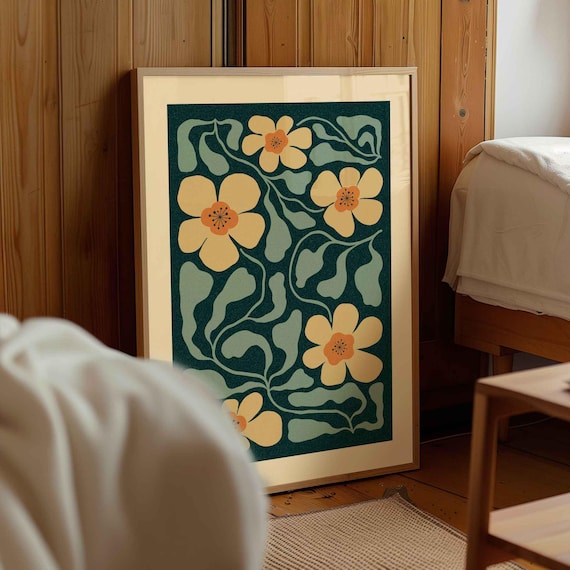 Retro Floral Print: 70s Botanical Wall Art, Mid Century Modern Decor