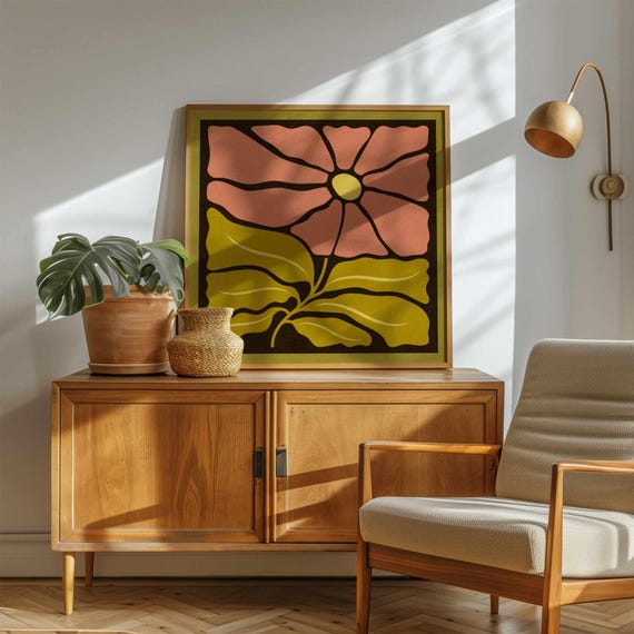 Groovy 70s Flower Print, Abstract Retro Floral Wall Art in Olive Green and Blush Pink, Mid Century Botanical Poster, Vintage 60s Home Decor