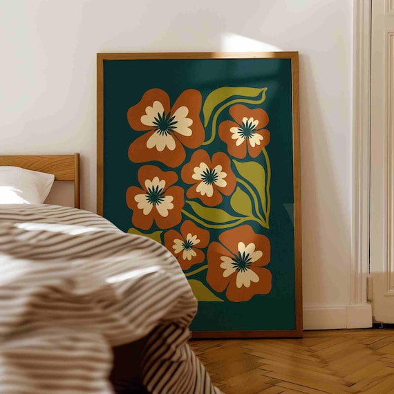 70s Retro Floral Print: Mid Century Modern Botanical Wall Art, Boho Flower Poster