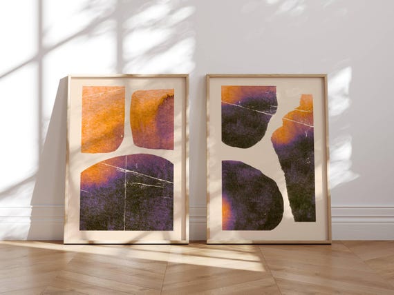 Abstract Wall Art Print Set, Burnt Orange & Purple Organic Shapes – Modern Minimalist Posters for Boho, Eclectic or Mid Century Decor
