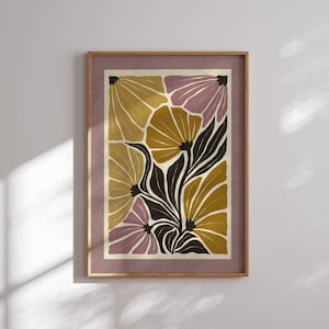 Estampado floral retro estético, arte moderno de mediados de siglo, arte mural floral retro, estampado de Matisse, decoración moderna de los 70, arte mural colorido, Mcm Art