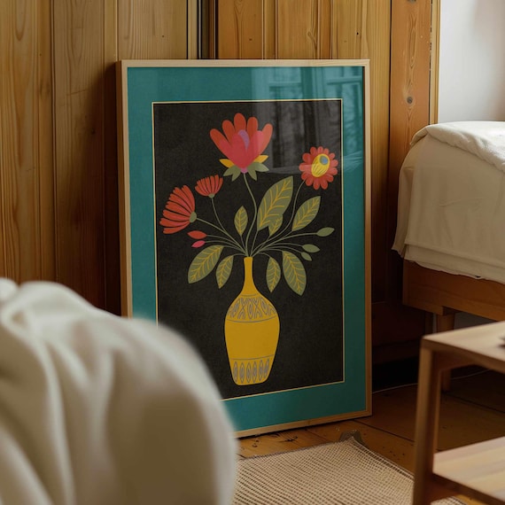 Retro Flower Vase Print: Groovy 70s Botanical Art, Mid Century Modern Boho Decor