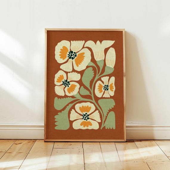 Matisse Style Floral Print — Terracotta & Sage Retro Botanical Art, Mid Century Modern Decor