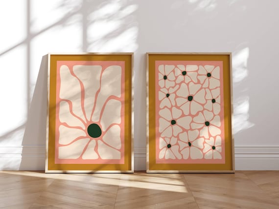 Retro Floral Wall Art, Set Of 2 Prints, Gallery Wall Set, Matisse Prints, Groovy Wall Art, 70s Decor, Mid Century Modern Wall Art, Mcm Decor