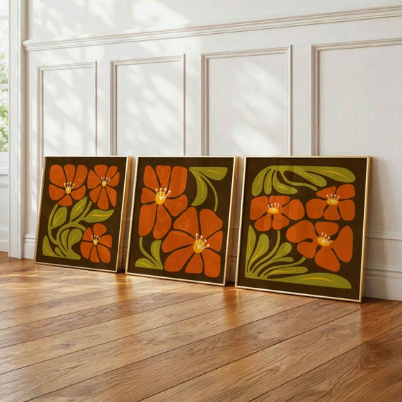 Framed Retro Floral Print Set: 70s Botanical Wall Art, Mid Century Modern Decor