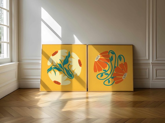 Retro Floral Print Set: Mid-Century Modern Boho Wall Art, Vibrant 70s Decor