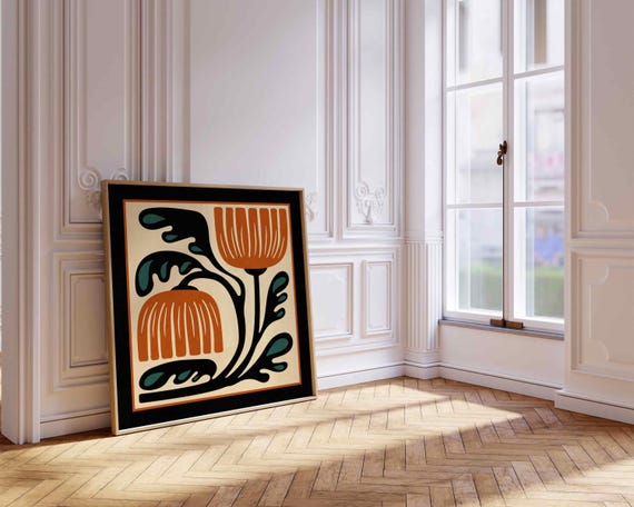 Mid Century Modern Floral Print: Burnt Orange & Teal Botanical Art, Abstract Retro Wall Decor