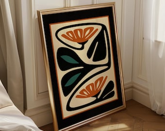 Mid Century Modern Floral Print — Burnt Orange & Teal Botanical Art, Abstract Retro Flower Poster