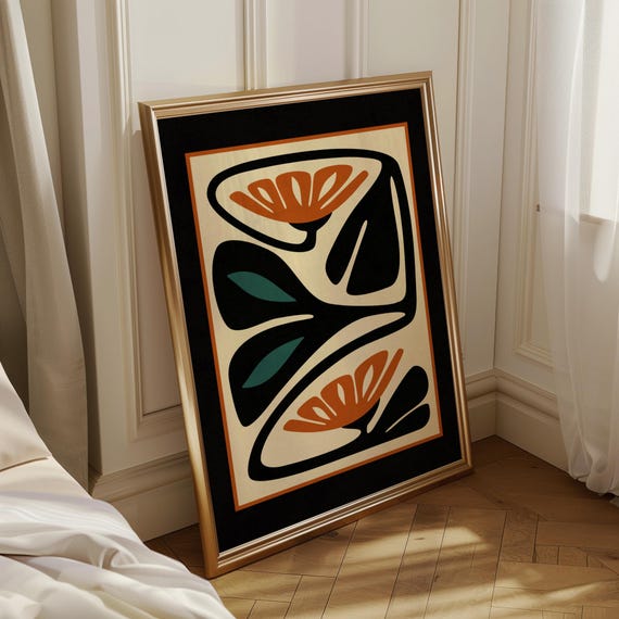 Mid Century Modern Floral Print — Burnt Orange & Teal Botanical Art, Abstract Retro Flower Poster