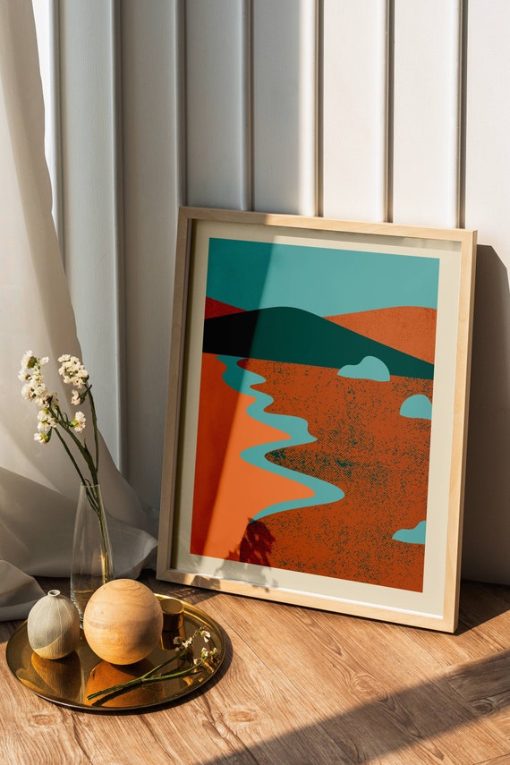 Retro Boho Beach Wall Art Print, Abstract Boho Mountain Print, Aesthetic Wall Art, Digital Download