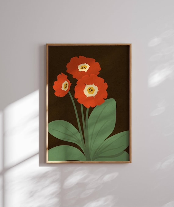 Vintage Floral Wall Art, Cozy Living Room Decor, Red Flower Print, Mid Century Modern Botanical Poster, 70s Inspired Retro Home Decor