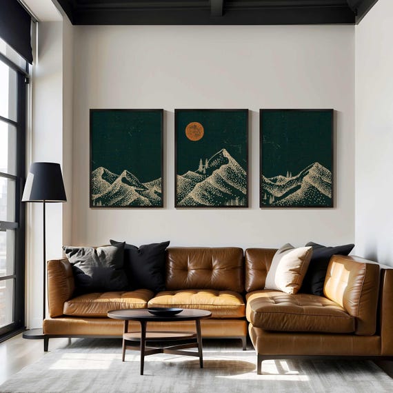 Minimalist Mountain Triptych – Modern Landscape Prints in Deep Teal and Burnt Orange, Moody Nature Wall Art or Gift for Rustic Homes
