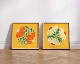 Retro Flower Poster Set, Set Of 2 Prints, 70s Retro Wall Art, Aesthetic Matisse Print Set, Funky Wall Art, 70s Decor, Colorful Wall Art