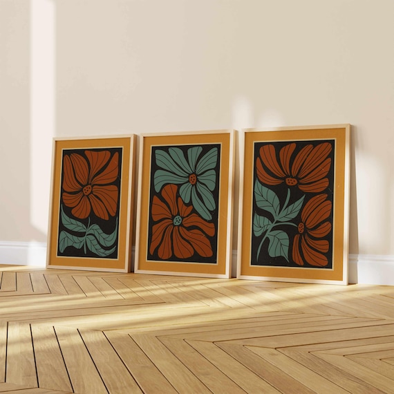 Retro Floral Wall Art – Abstract 70s Style Botanical Prints in Burnt Orange & Teal, Groovy Vintage Flower Posters for Mid Century Boho Decor