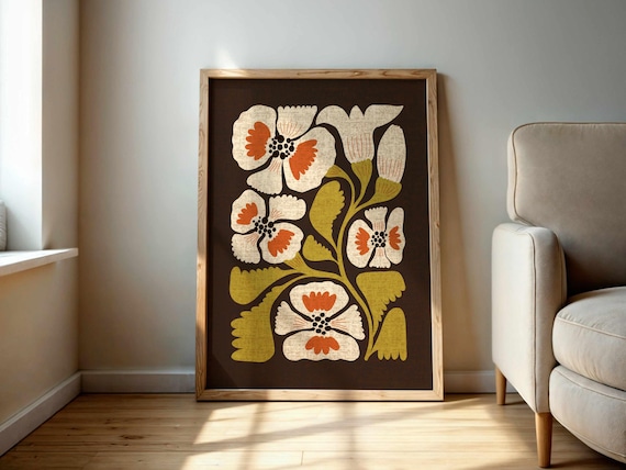 70s Floral Wall Art – Retro Botanical Print in Burnt Orange & Olive, Matisse Style Flower Poster, Mid Century Modern Boho Home Decor