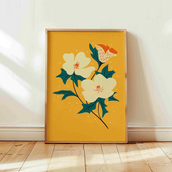 70s Groovy Floral Print: Retro Botanical Wall Art, Vibrant Mid Century Modern Decor