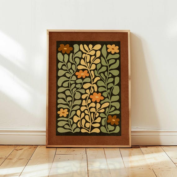 70s Floral Art Print: Earthy Retro Flower Poster, Mid Century Modern Botanical Art
