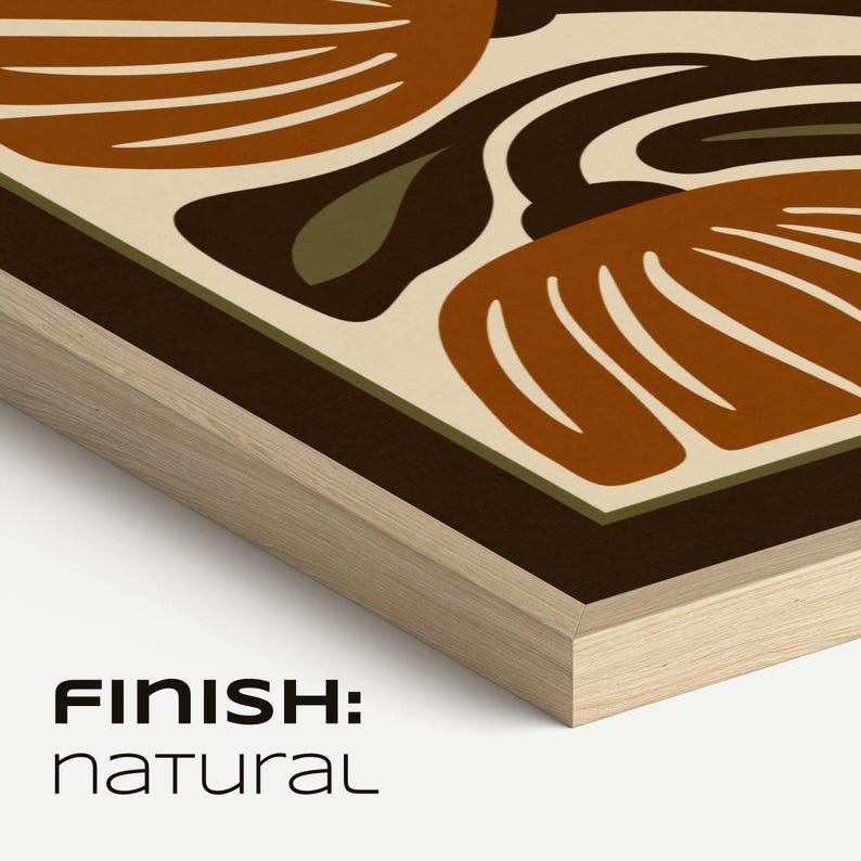 May include: A framed art print with a retro floral design in brown, olive green, and cream. The artwork has a dark brown border and a natural wood frame. The text "FINISH: NATURAL" is displayed at the bottom of the frame.
