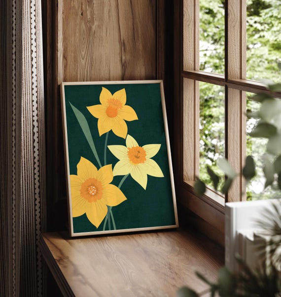 Vintage Style Floral Wall Art – Retro Daffodil Flower Print in Earthy Tones, Rustic Botanical Poster for Cozy Boho or Cottagecore Home Decor