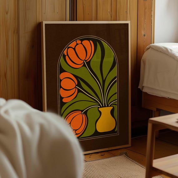 Retro Tulip Print — 70s Floral Wall Art, Mid Century Decor