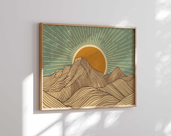 Retro Mountain Landscape Print — Teal & Mustard Nature Wall Art, Boho Home Decor