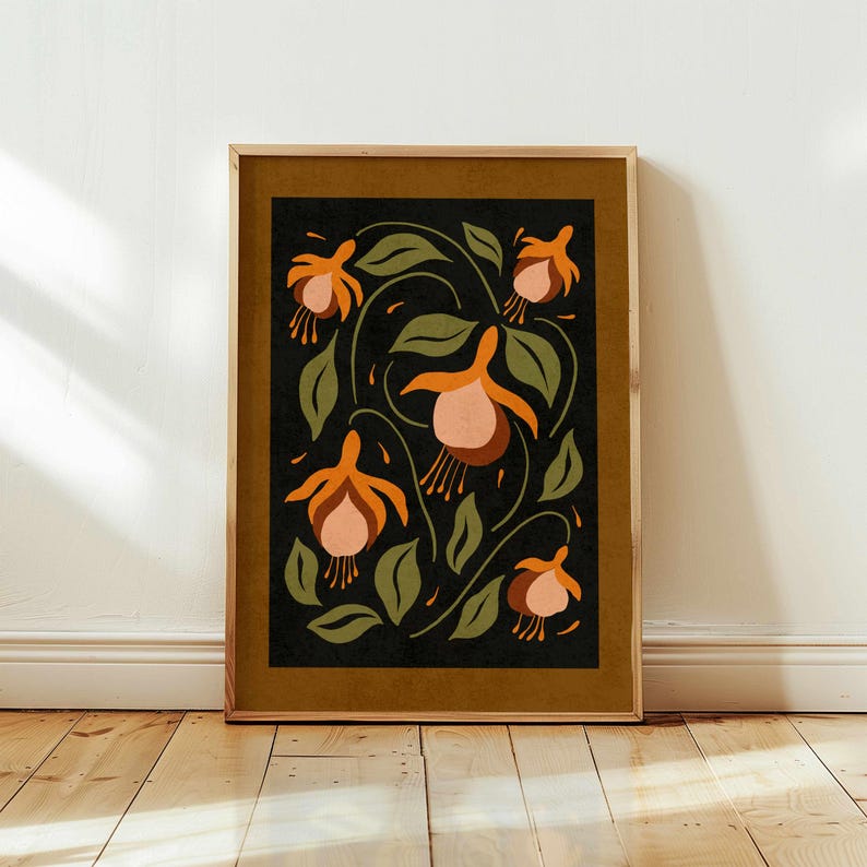 Vintage Blumenmuster: Erdfarbene botanische Wandkunst, Mid Century Modern Boho Dekor Bild 2