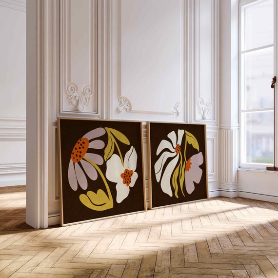 Retro Floral Wall Art Set: Groovy 70s Botanical Prints, Mid Century Modern Boho Decor