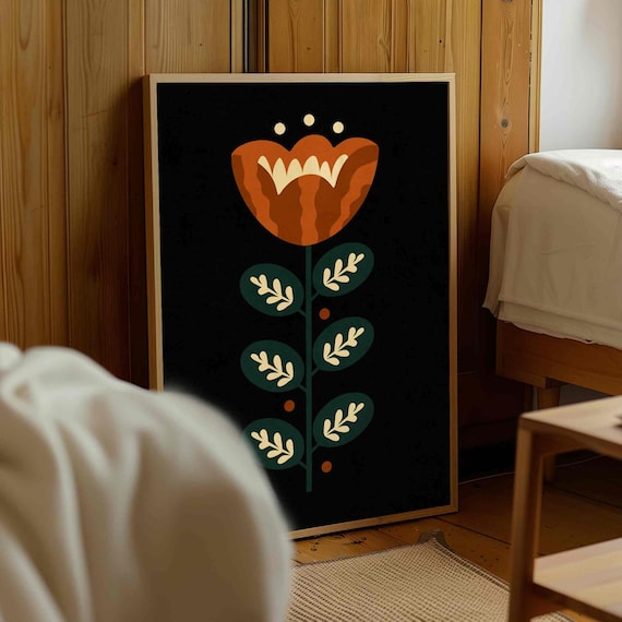 Scandinavian Folk Floral Print — Mid Century Modern Botanical Wall Art, Nordic Decor