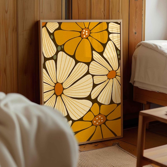 Retro Floral Print: 70s Botanical Wall Art, Groovy Flower Power Poster, Mid Century Decor